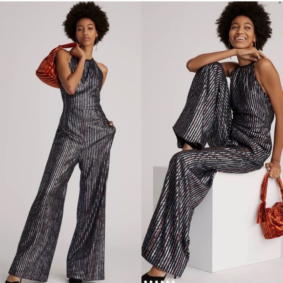NWT Maeve Anthropologie disco halter jumpsuit -Sequin formal Silver Sparkly 18W - Picture 2 of 14